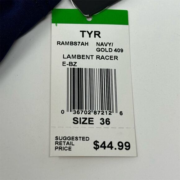 TYR Lambent Men's Swim Briefs Size 36 Navy/Gold Wave Pattern UPF 50+ Protection - Picture 2 of 5